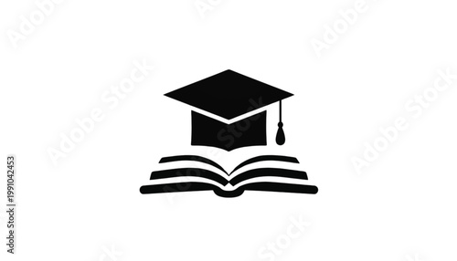 Graduation cap rests atop an open book to symbolize academic achievement, scholarly pursuit, and the successful completion of an educational program or university degree curriculum.