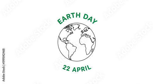 Earth Day is marked by a simple line drawing of the planet centered within a circular text frame on a plain white background that provides plenty of useful copy space.