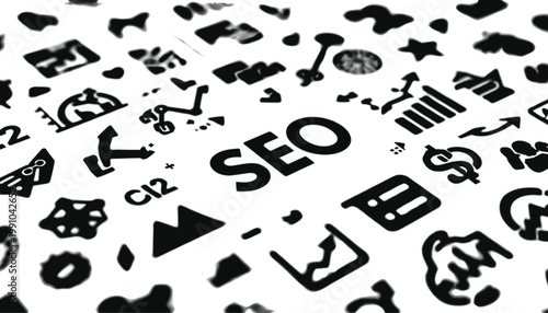 SEO text is surrounded by a diverse array of marketing icons and business symbols to represent the comprehensive strategy required for optimizing search engine visibility and digital brand presence.