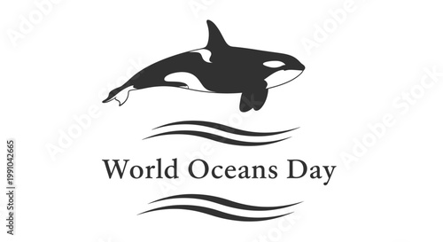 The World Oceans Day logo showcases a majestic orca whale breaching above stylized water waves and elegant text positioned on a crisp white backdrop for international.