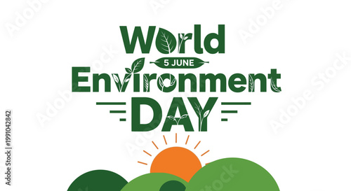 The environment logo displays stylized green text above rolling hills and a rising sun to celebrate the annual global awareness event held on the fifth day of the sixth month.