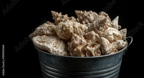 Textured coastal beauty captured in sea shells arranged in an antique metal bucket with black background