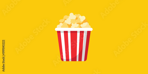 Popcorn Bucket Icon on Yellow Background Flat Design Illustration