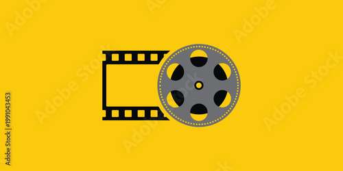 Film Reel and Filmstrip Icon on Yellow Background Cinema Illustration