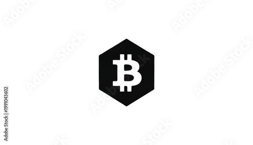 Bitcoin symbol centered inside a solid black hexagon frame represents digital currency and decentralized financial technology concepts for modern global online banking and secure blockchain.