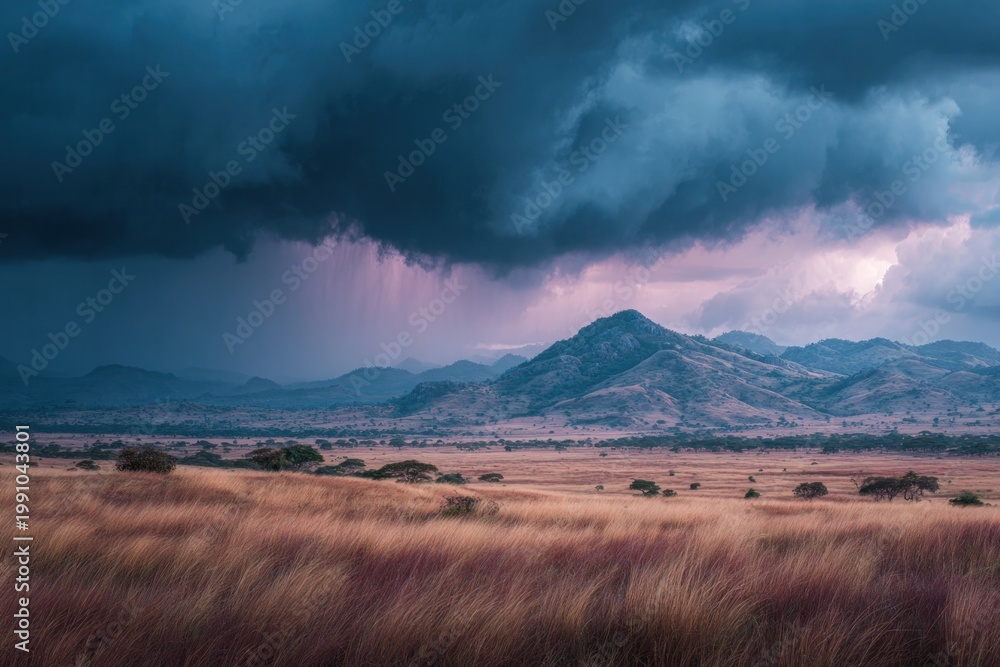 Obraz premium Dramatic storm clouds over African savanna landscape