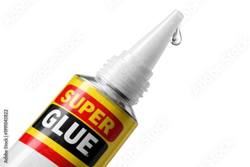 Macro shot of super glue nozzle packaging with white background isolation