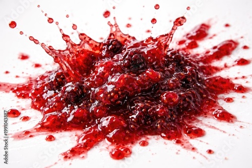 Close up of red berry jam splashing on clean white surface with vivid texture