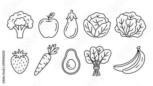 Fruit and vegetable doodle line vector set, freehand hand drawn sketch style food illustrations including fresh produce for organic, healthy eating, grocery, and farm design concepts