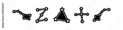 Set of Minimalist Hand-Drawn Star Constellation Icons, Vector Illustration of Astronomy and Astrology Symbols Including Big Dipper and Southern Cross in Black and White