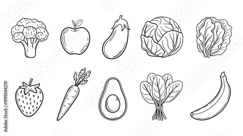 Fruit and vegetable doodle line vector set, freehand hand drawn sketch style food illustrations including fresh produce for organic, healthy eating, grocery, and farm design concepts
