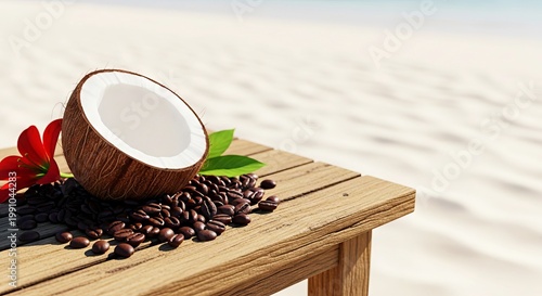 Coconut shell on wooden table with coffee beans and flowers  
