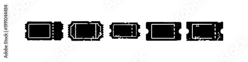 Set of 5 Vintage Distressed Ticket Silhouettes - Blank Grungy Cinema Theater and Event Ticket Stubs for Retro Design Graphic Elements Isolated on White