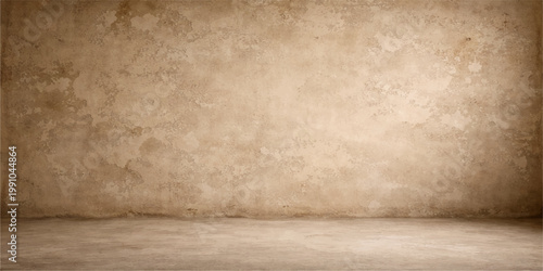 Empty vintage interior featuring a dark grunge concrete wall and a weathered wood floor with a rough stone pattern backdrop
