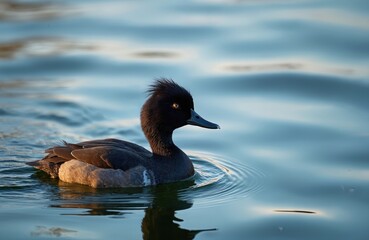 Female tufted duck swims on calm water. Dark bird with fluffy crest glides on blue lake surface. Wildlife, nature, wildfowl, duckling, ornithology.