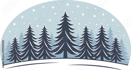 Snowy winter forest with dark pine trees and falling snowflakes