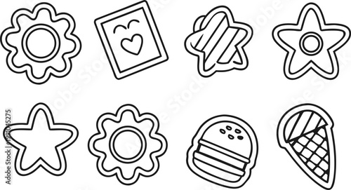 Hand drawn black ink doodle sticker collection of food and drink