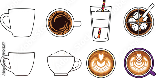 Coffee Cup and Drink Vector Icon Set with Top View Espresso, Latte Art, Cappuccino, Iced Coffee, Cold Brew, and Outline Mug for Cafe Menu and Beverage Branding Design