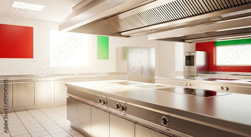 Modern kitchen with stainless steel appliances and colorful walls  