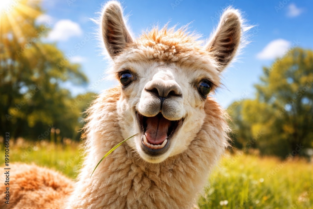 Fototapeta premium Close up of a playful llama with a joyful expression on a bright summer day