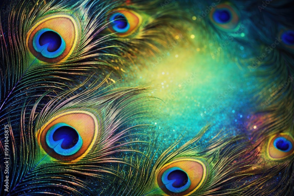 Obraz premium Exquisite peacock feathers close up featuring colorful copy space and matching backdrop