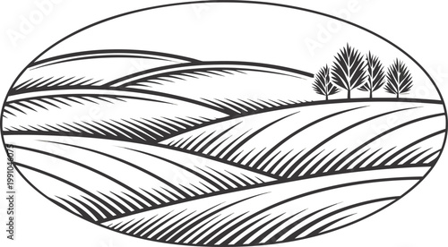 Black and white vintage winter landscape with snow covered hills and pine trees