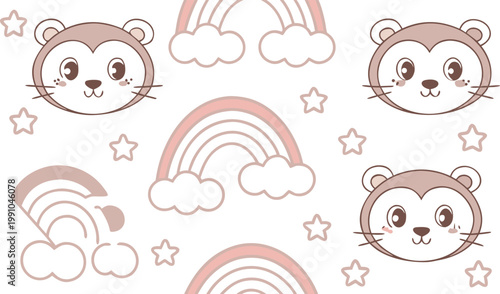 Pink pig faces and stars seamless pattern pink pigs