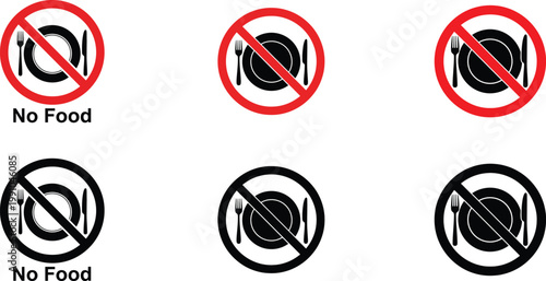 No food allowed prohibition signs in black and white and color variations