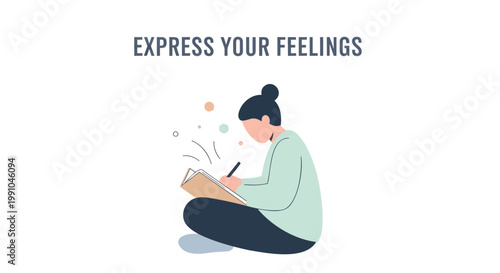 Emotional expression, woman writing, journaling, mindfulness, self-reflection vector