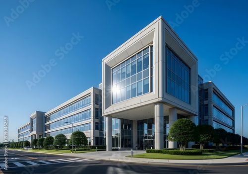 Elegant Modern Office Building with Blue Glass Windows and Clear Blue Sky
