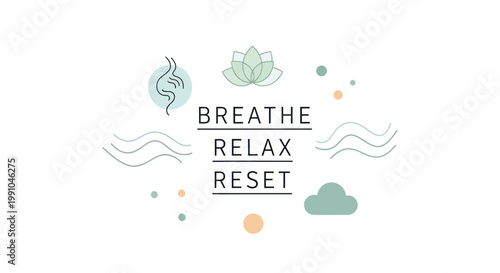 Mindfulness icons, relaxation symbols, breathe relax reset, calming vector graphics