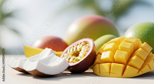 Fresh tropical fruits including mango, coconut, and passion fruit  