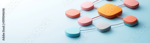 Abstract 3D Network Pastel rounded blocks with central orange hub, colorful lines on light blue. Visualizing data flow, system connection and digital concepts. Network, Data