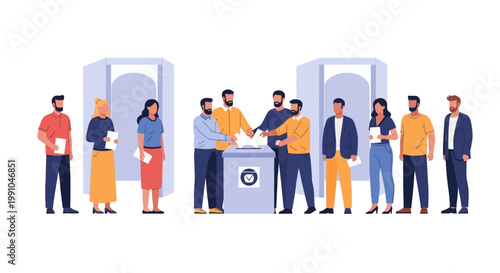 Diverse group of people interacting around a washing machine.