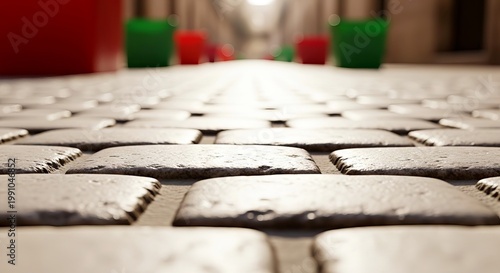 Cobblestone pathway leading to colorful buckets in urban setting  