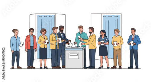 Diverse group of people standing in line.