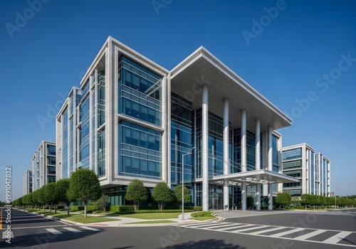 Elegant Modern Office Building with Blue Glass Windows and Clear Blue Sky