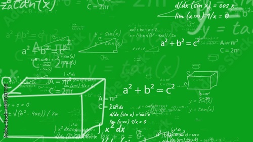 Hand-drawn White Mathematical Formulas And Geometric Shapes Floating And Moving Across A SOLID Green Background, Featuring Algebra Equations, Calculus Integrals, Trigonometry Functions, And Physics Di