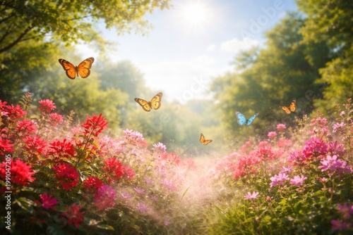 Charming butterflies gently hovering over red pink floral mist amidst rich green nature and clear sunny sky, ideal copy space background