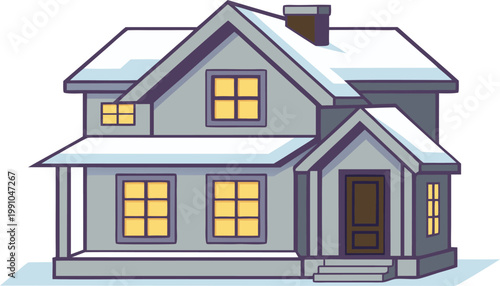 3 d rendered snowy two story house with glowing windows at dusk