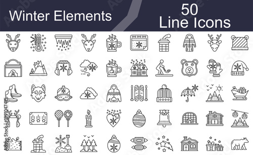 Winter Holiday Objects and Seasonal Line Icons Set