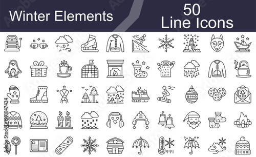 Winter Season Elements and Holiday Line Icons Set