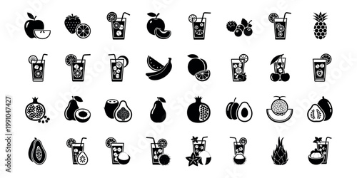 Fruit and Fresh Juice Drink Icon Set. Black Silhouette Vector Illustrations of Apple, Strawberry, Pineapple, Banana, Avocado, Smoothie, Cocktail, Tropical Fruits for Menu and Web Design.