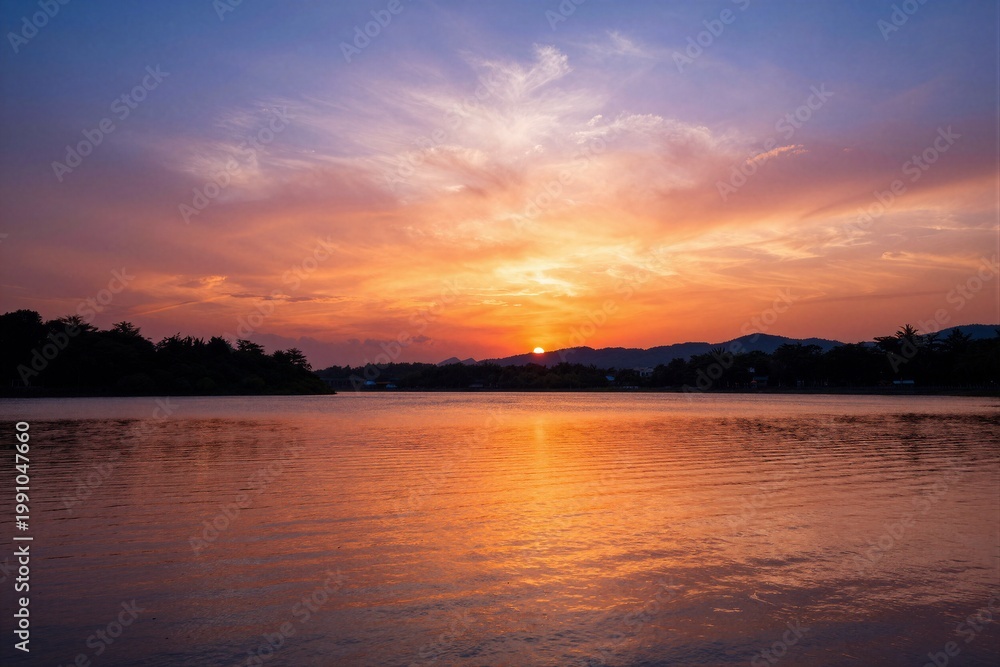 Fototapeta premium Sun setting over calm lake with colorful sky reflections