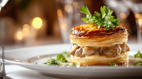 Gourmet mushroom pastry with herbs on elegant dining table  