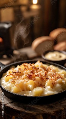 Creamy cheese dish with crispy onions in a cast iron skillet  