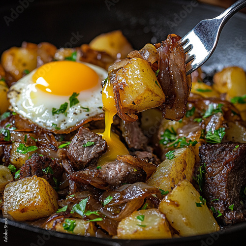 Delicious skillet dish with beef, potatoes, and fried egg