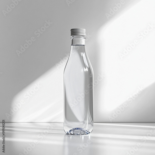 Clear glass water bottle on white surface with soft lighting 