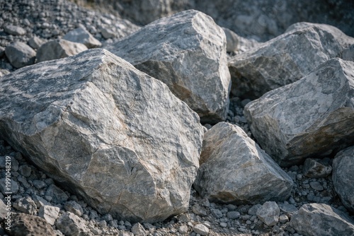 Close view of large gray limestone boulders highlighting quarry mining materials and natural stone textures