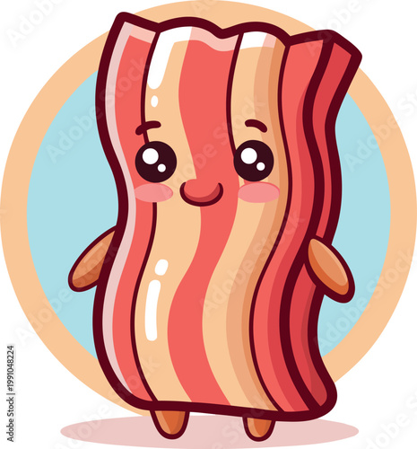 Adorable kawaii bacon strip character with cheerful smile, breakfast food cartoon, smoky meat design.